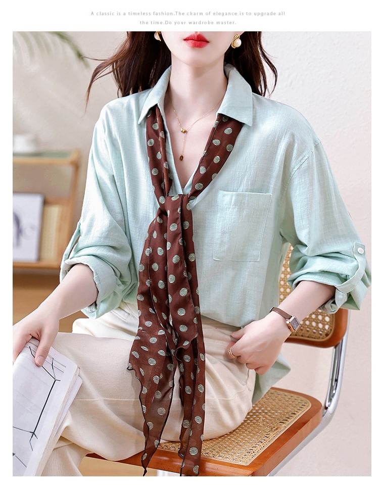 Collared V Neck Button Front Long Sleeve Solid Shirt