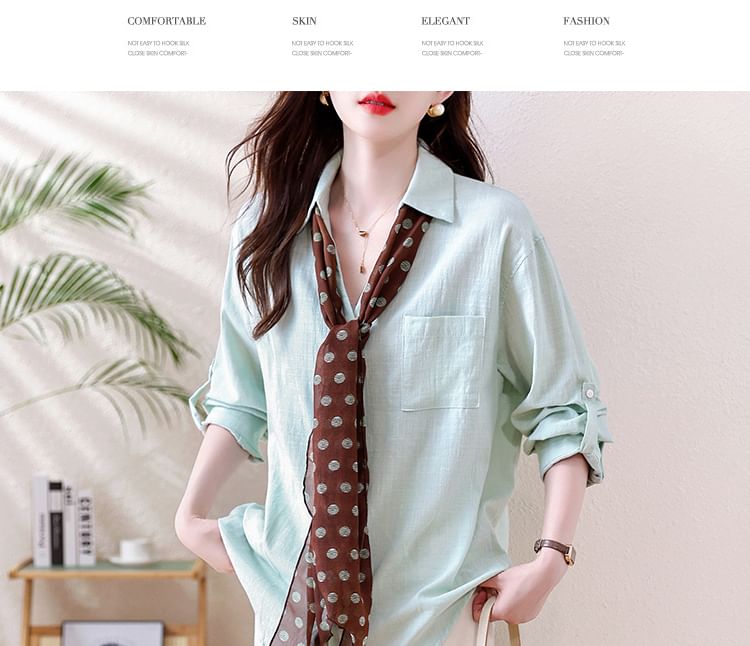 Collared V Neck Button Front Long Sleeve Solid Shirt