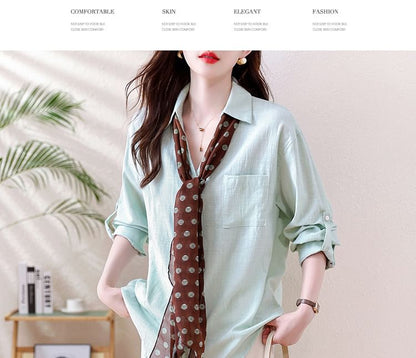 Collared V Neck Button Front Long Sleeve Solid Shirt