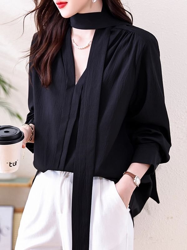 Plain Blouse with Long Sleeves and Neck Tie Detail
