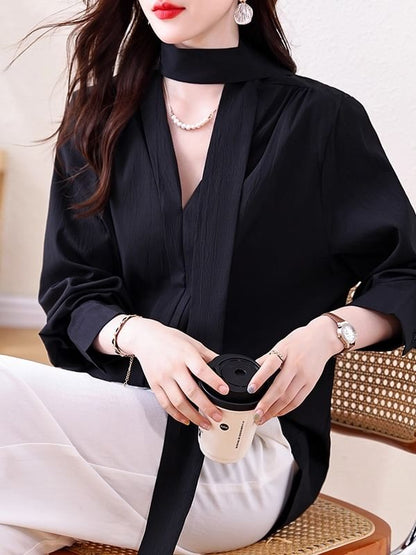 Plain Blouse with Long Sleeves and Neck Tie Detail