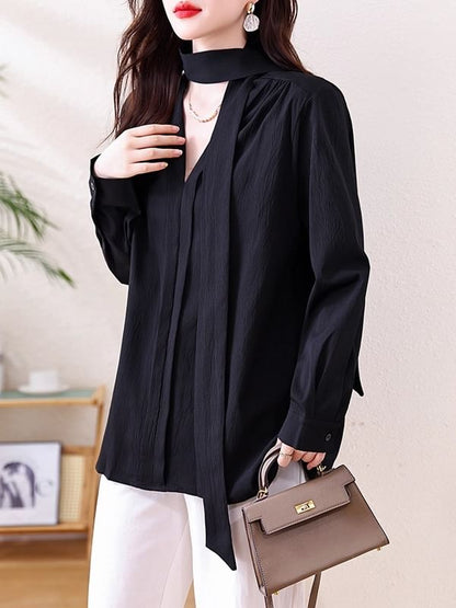 Plain Blouse with Long Sleeves and Neck Tie Detail