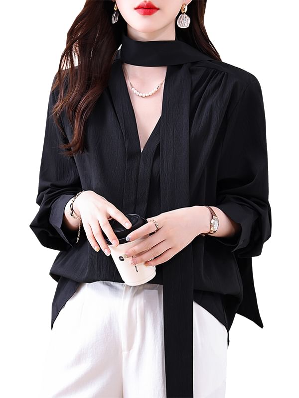 Plain Blouse with Long Sleeves and Neck Tie Detail