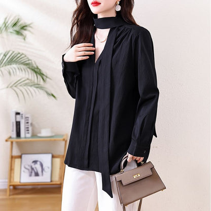 Plain Blouse with Long Sleeves and Neck Tie Detail