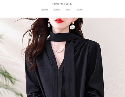 Plain Blouse with Long Sleeves and Neck Tie Detail