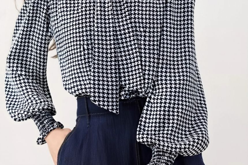Houndstooth Blouse with Tie Neck and Long Sleeves