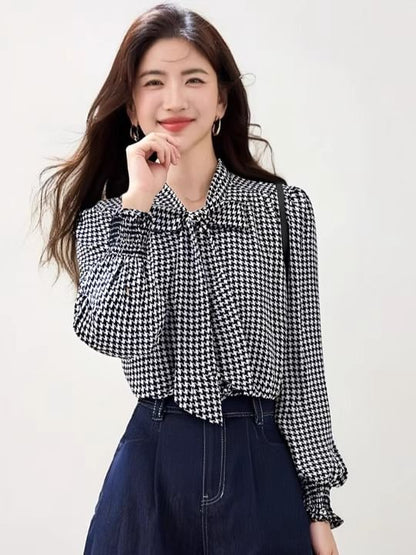Houndstooth Blouse with Tie Neck and Long Sleeves