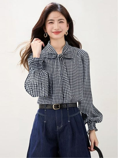 Houndstooth Blouse with Tie Neck and Long Sleeves