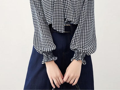Houndstooth Blouse with Tie Neck and Long Sleeves