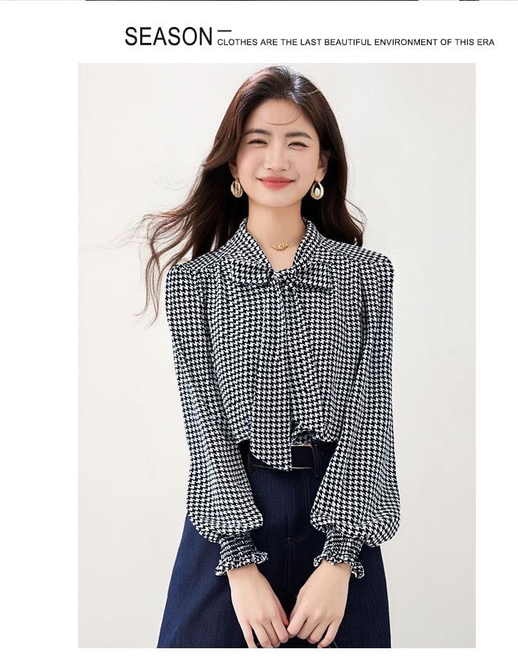 Houndstooth Blouse with Tie Neck and Long Sleeves