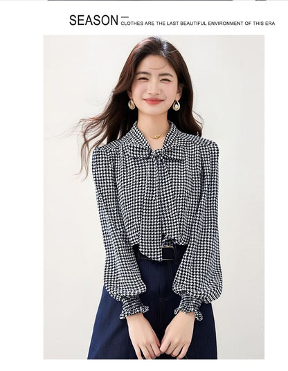 Houndstooth Blouse with Tie Neck and Long Sleeves