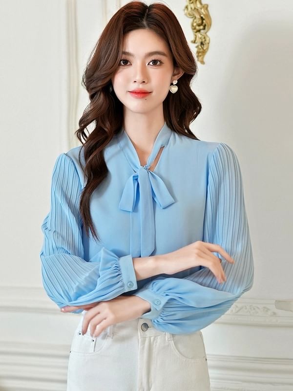 Pleated Panel Blouse with Tie Neck and Long Sleeves