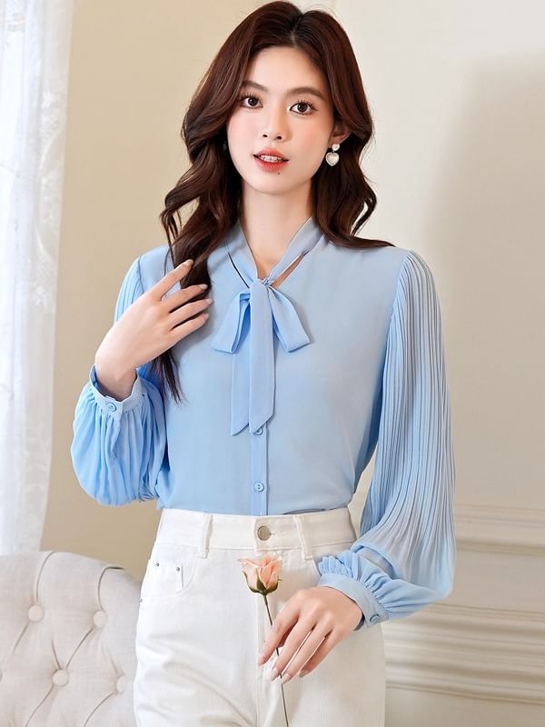 Pleated Panel Blouse with Tie Neck and Long Sleeves