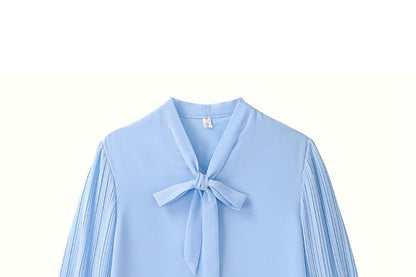 Pleated Panel Blouse with Tie Neck and Long Sleeves