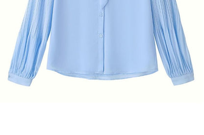 Pleated Panel Blouse with Tie Neck and Long Sleeves