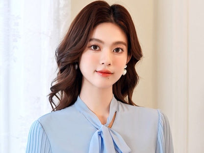 Pleated Panel Blouse with Tie Neck and Long Sleeves