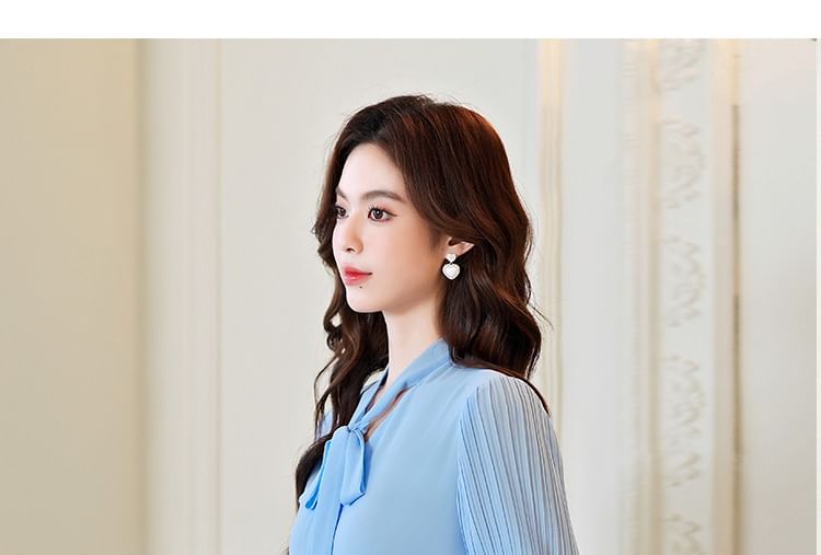 Pleated Panel Blouse with Tie Neck and Long Sleeves