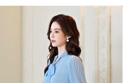 Pleated Panel Blouse with Tie Neck and Long Sleeves