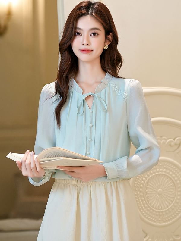 Plain V-Neck Blouse with Long Sleeves
