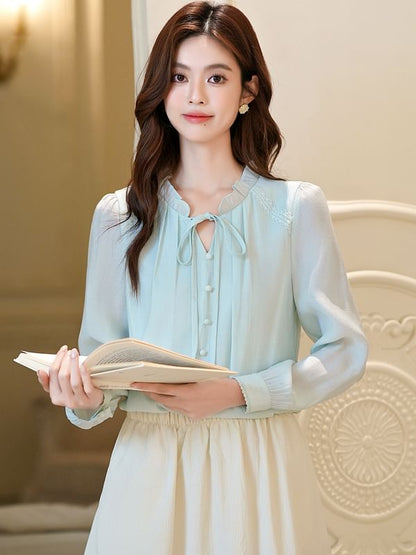 Plain V-Neck Blouse with Long Sleeves