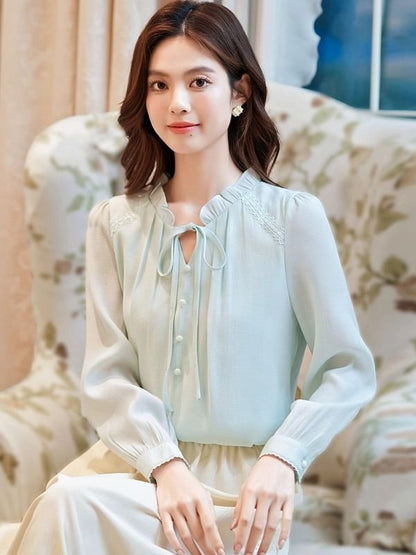Plain V-Neck Blouse with Long Sleeves