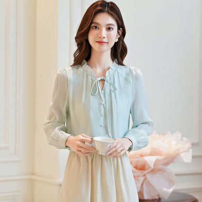 Plain V-Neck Blouse with Long Sleeves