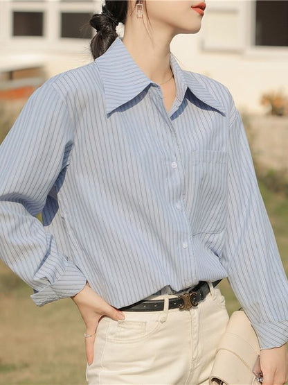 Striped Button-Up Shirt with Collar and Long Sleeves