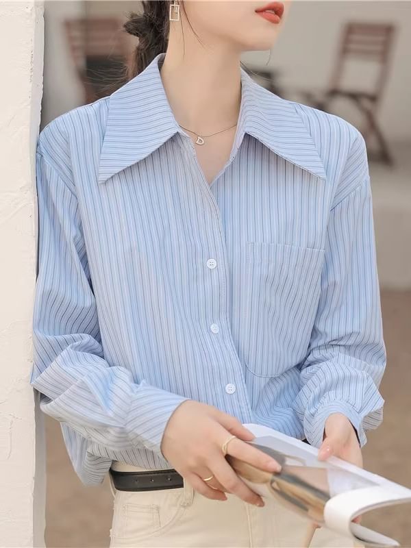 Striped Button-Up Shirt with Collar and Long Sleeves