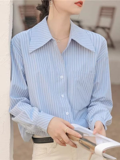 Striped Button-Up Shirt with Collar and Long Sleeves