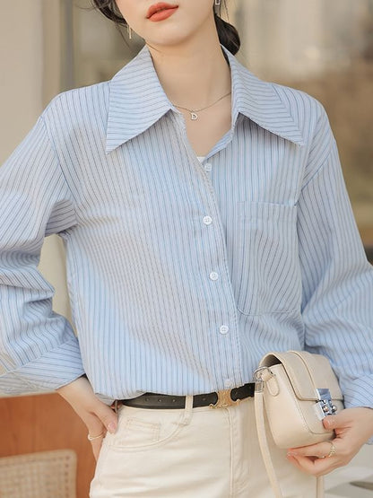 Striped Button-Up Shirt with Collar and Long Sleeves