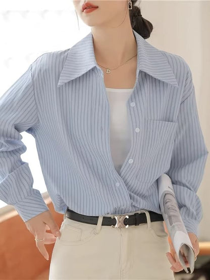 Striped Button-Up Shirt with Collar and Long Sleeves
