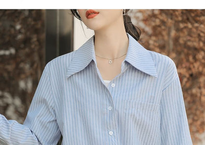 Striped Button-Up Shirt with Collar and Long Sleeves