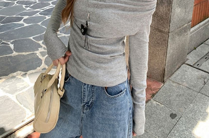 Cold Shoulder T-Shirt with Mock Neck and Long Sleeves
