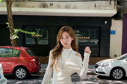 Cold Shoulder T-Shirt with Mock Neck and Long Sleeves