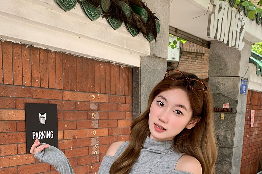 Cold Shoulder T-Shirt with Mock Neck and Long Sleeves