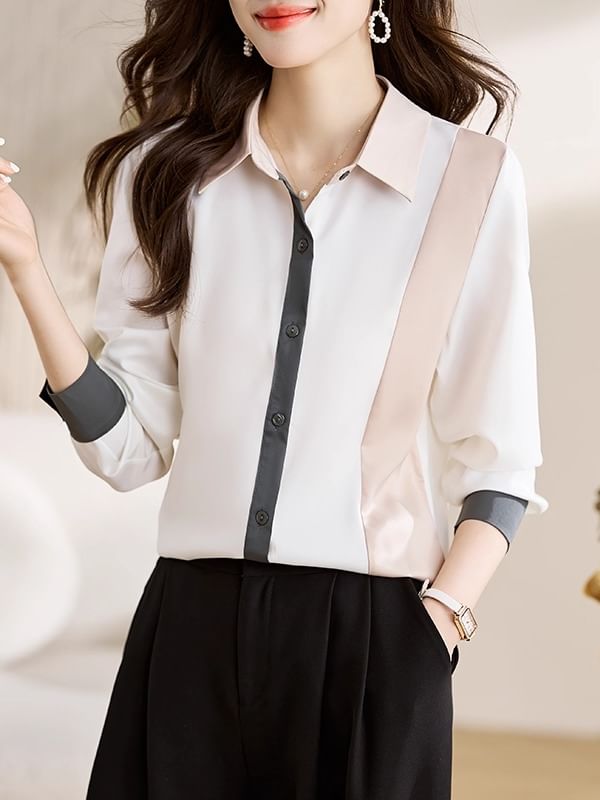 Color Block Button-Up Shirt with Collar and Long Sleeves