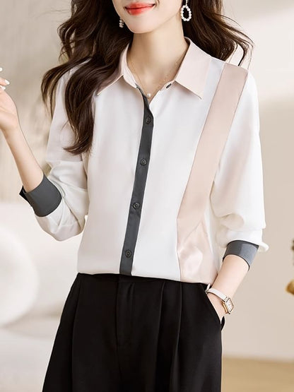 Color Block Button-Up Shirt with Collar and Long Sleeves
