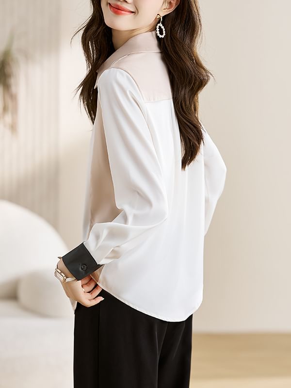 Color Block Button-Up Shirt with Collar and Long Sleeves