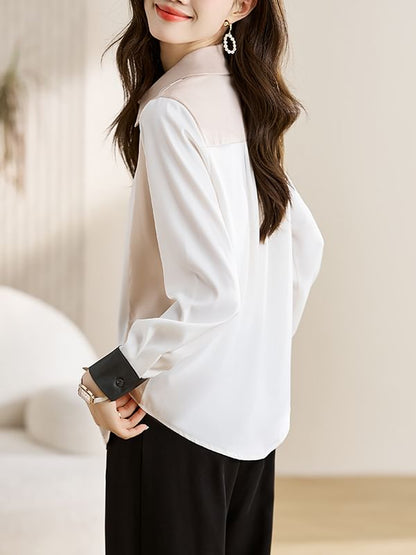 Color Block Button-Up Shirt with Collar and Long Sleeves