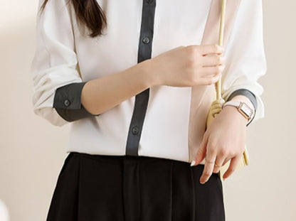 Color Block Button-Up Shirt with Collar and Long Sleeves