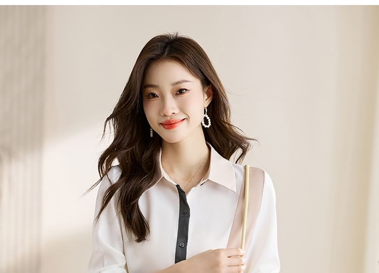 Color Block Button-Up Shirt with Collar and Long Sleeves