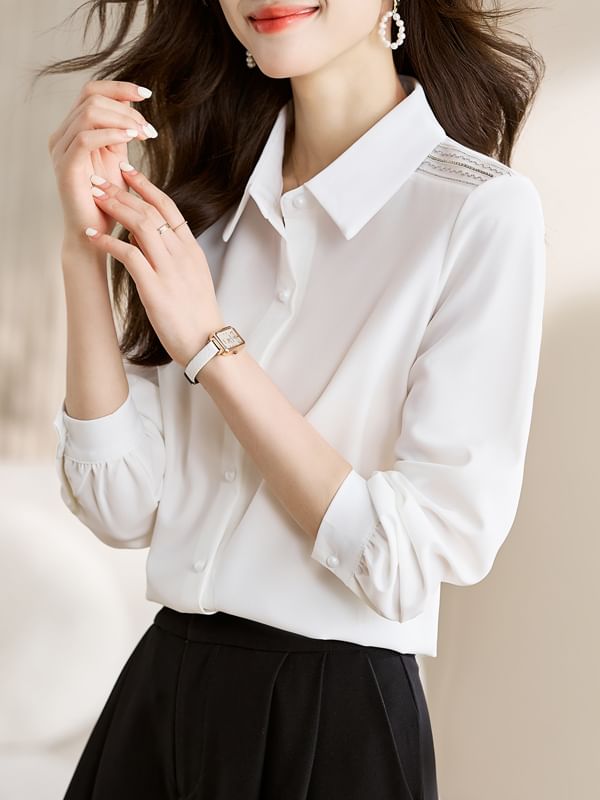 Plain Button-Up Shirt with Collar and Long Sleeves