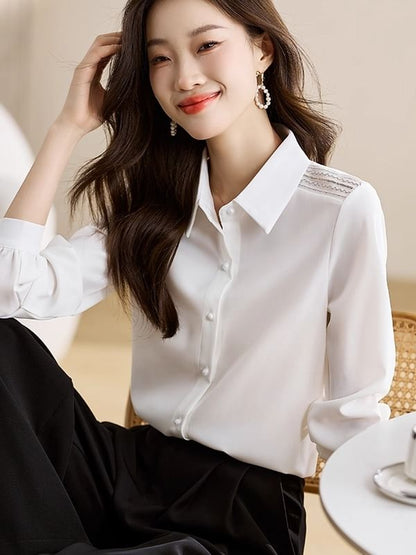 Plain Button-Up Shirt with Collar and Long Sleeves
