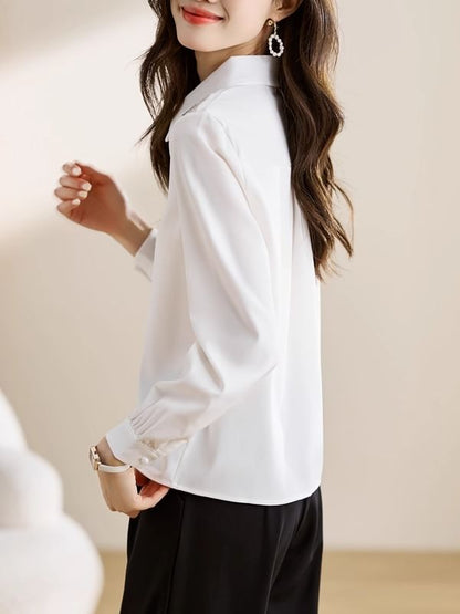 Plain Button-Up Shirt with Collar and Long Sleeves