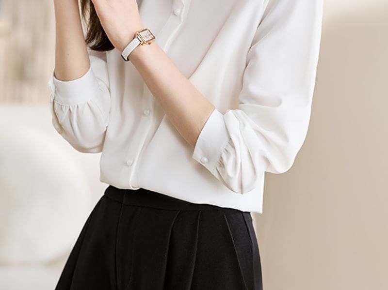 Plain Button-Up Shirt with Collar and Long Sleeves