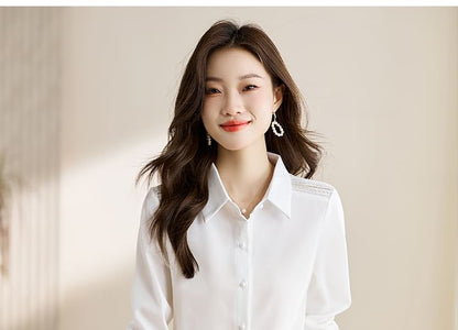 Plain Button-Up Shirt with Collar and Long Sleeves