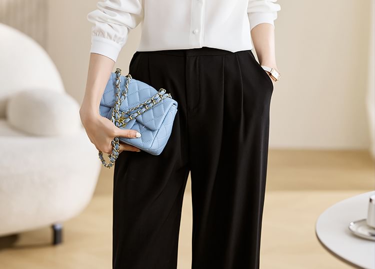 Plain Button-Up Shirt with Collar and Long Sleeves