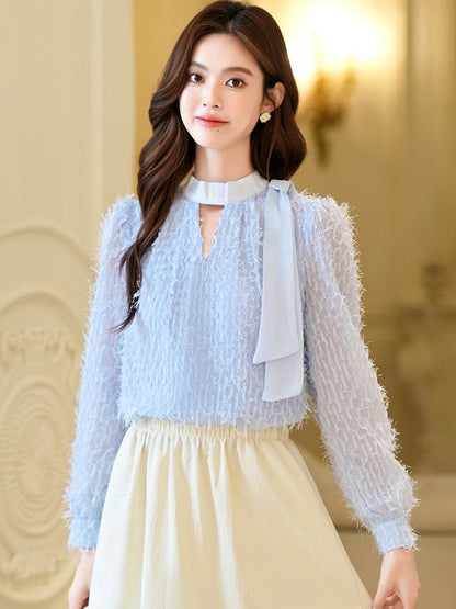 Keyhole Blouse with V-Neck and Long Sleeves