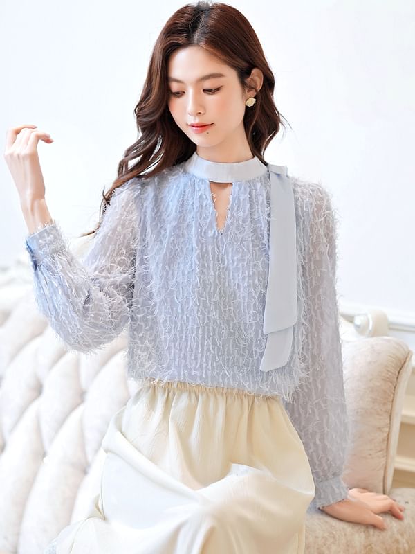 Keyhole Blouse with V-Neck and Long Sleeves