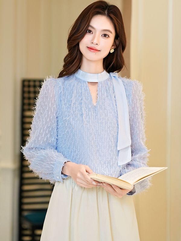 Keyhole Blouse with V-Neck and Long Sleeves
